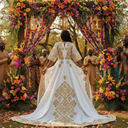boubou femme mariage — Scène de cérémonie de mariage africain avec boubou brodé blanc et or