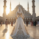 Boubou blanc élégant pour l'Aïd el-Fitr, vue de dos devant une mosquée