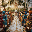 Cérémonie de mariage africain avec des tenues boubou brodées or et blanc, vue de dos