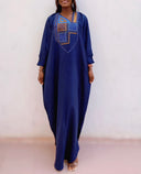 Robe africaine Boubou femme "Diena" Bleu nuit en lin glacé — Avec Foulard
