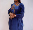 Robe africaine Boubou femme "Diena" Bleu nuit en lin glacé — Avec Foulard
