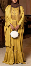 Robe africaine Boubou femme "Diaa" Jaune moutarde en lin glacé — Avec Foulard