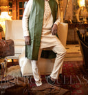 Boubou africain homme "Tiramakan" Vert Olive & Crème en lin glacé — tenue africaine BouBouQueens