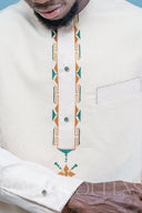 Boubou africain homme "Tiramakan" Vert Olive & Crème en lin glacé — tenue africaine BouBouQueens