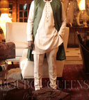 Boubou africain homme "Tiramakan" Vert Olive & Crème en lin glacé — tenue africaine BouBouQueens