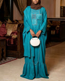 Robe africaine Boubou femme "Diaa" Vert turquoise en lin glacé — Avec Foulard