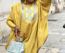 Robe africaine Boubou femme "Dalanda" Or & Bleu Ciel en lin glacé — tenue africaine BouBouQueens