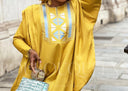 Robe africaine Boubou femme "Dalanda" Or & Bleu Ciel en lin glacé — tenue africaine BouBouQueens
