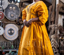 Robe africaine Boubou femme "Idia" Dorée en lin glacé — Avec Foulard