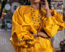 Robe africaine Boubou femme "Kassa" Dorée en lin glacé — Avec Foulard