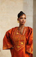 Robe africaine Boubou Binty Orange — Shantung Brodé avec Foulard — vue 2